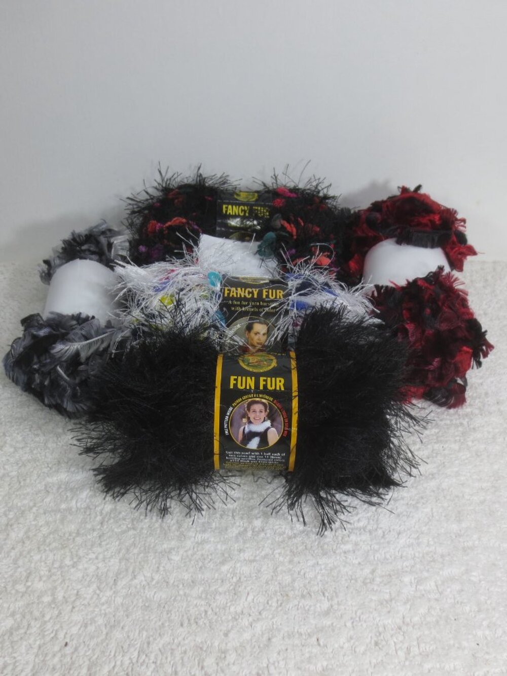 NEW Lyon Brand Yarn Black Red White Lot of 6 Skeins Mixed Fancy Fur 10.4 Ounces